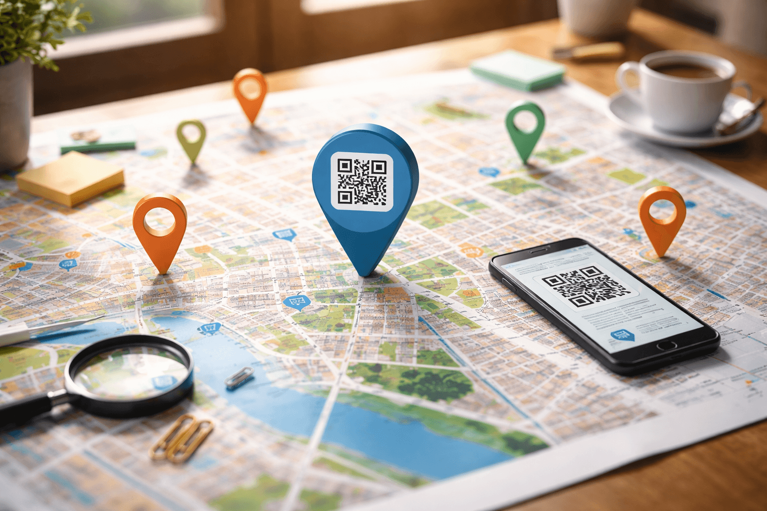 Illustration einer Stadtkarte mit Markern und einem QR-Symbol – Sinnbild für standortbasierte QR-Kampagnen.